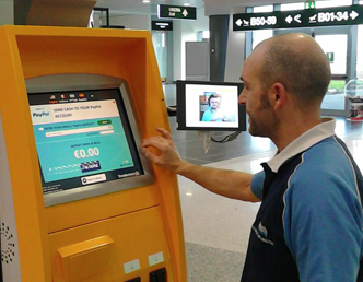 A public kiosk made for transactions and location information.